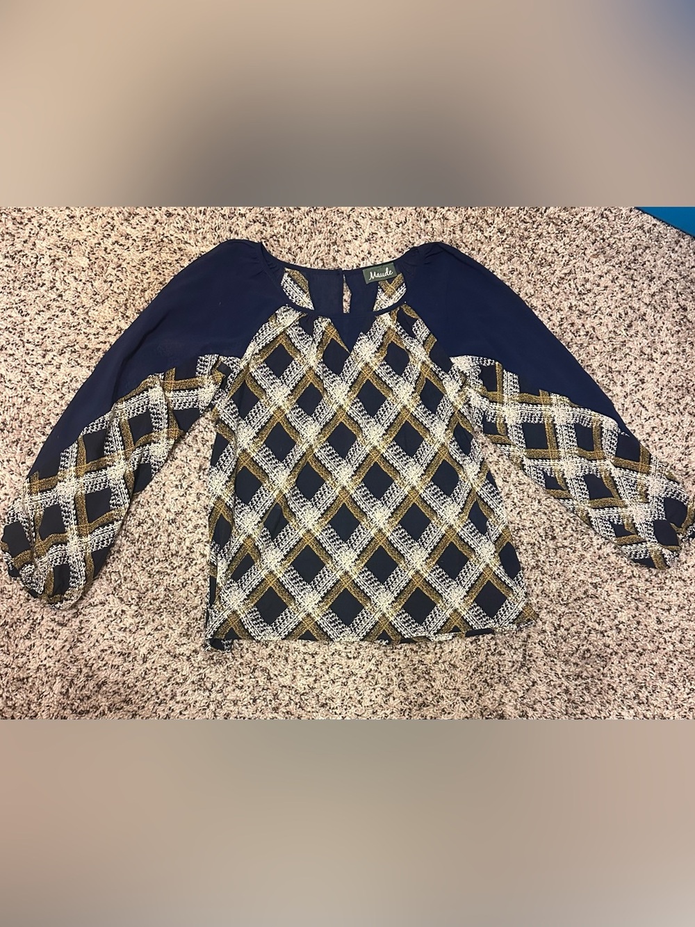 Maude Navy Top with Gold and Cream Geometric Accents
